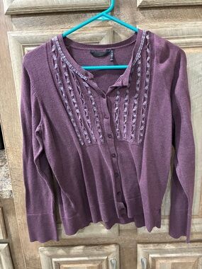 new directions Plum Color Long Sleeve Button Down Shirt with Ribbon Trim